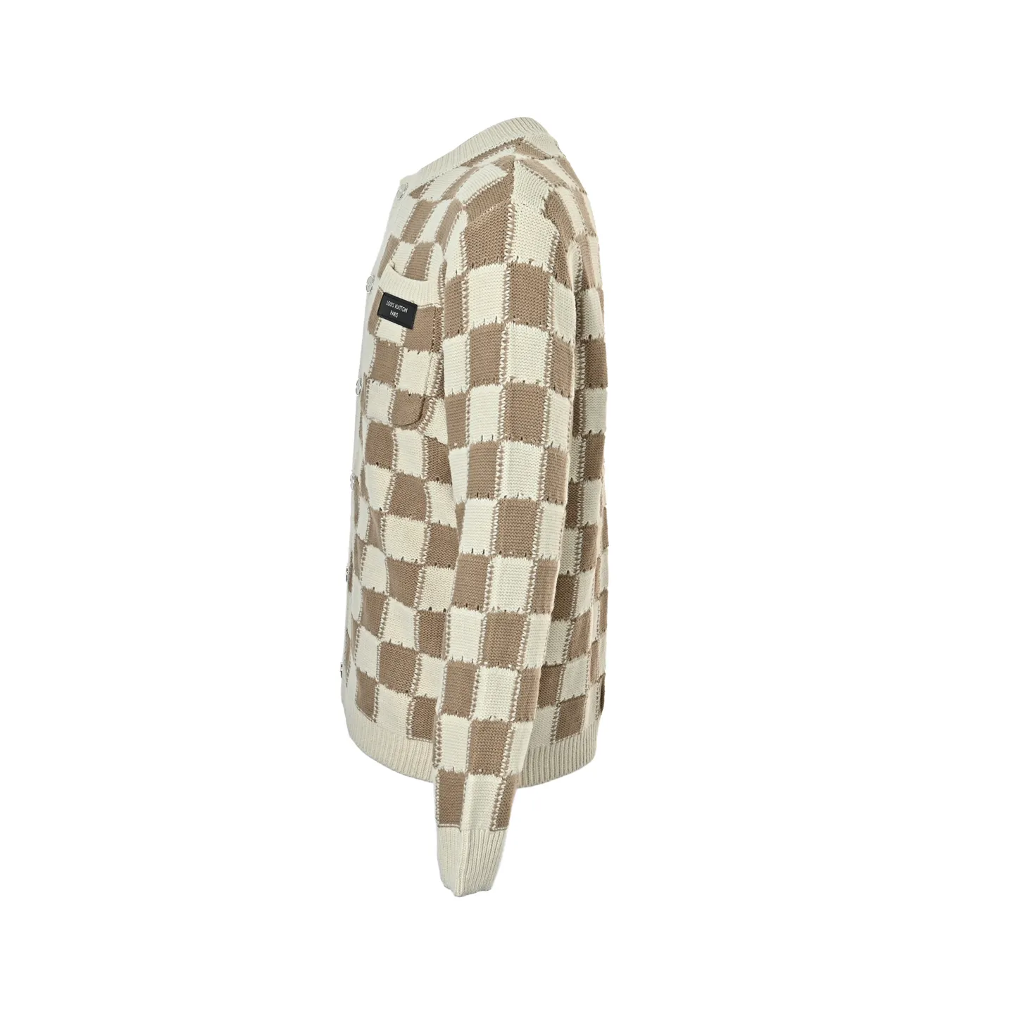 Louis Vuitton/Louis Vuitton Khaki Cream White Checkerboard Hollow Round Neck Knitted Cardigan